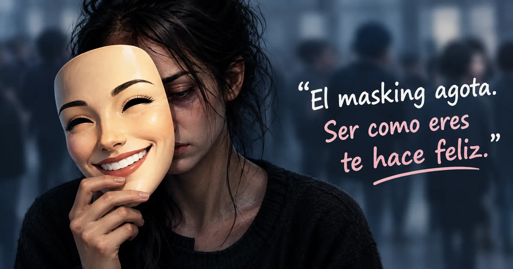 Mujer autista frustrada detrás de una máscara sonriente, representación del masking