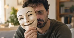 Hombre autista frustrado detrás de una máscara sonriente, representación del masking