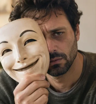 Hombre autista frustrado detrás de una máscara sonriente, representación del masking